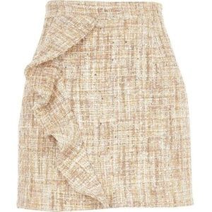 Beige frill front boucle mini skirt